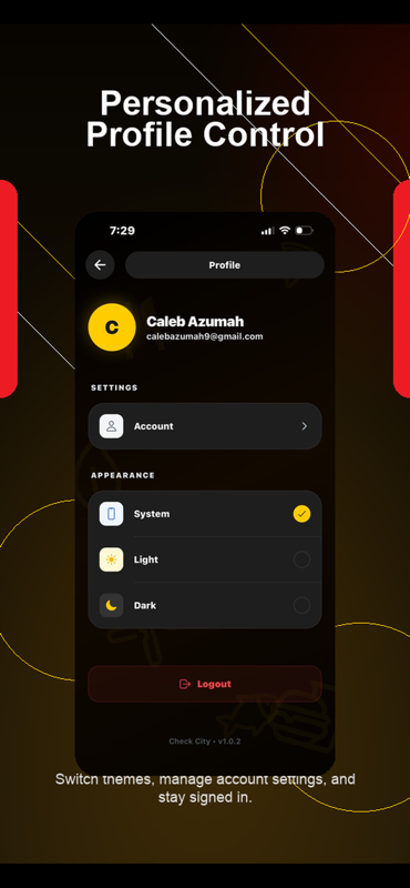 Profile screen with personal settings and theme controls